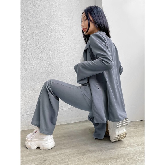 2 piece set suit single Button Blazer & Flare Leg wide leg Pants black - Picture 6 of 8